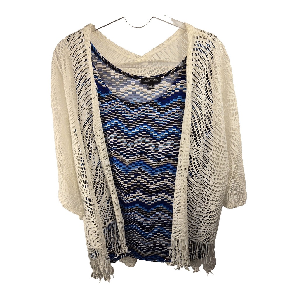 Notations Tank Top Mesh Fringed Cardigan Boho Nautical Coastal Womens Medium Set